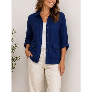 By JJ Blue Cotton Gauze Button Front Utility Shirt Jacket Women’s Size M Casual